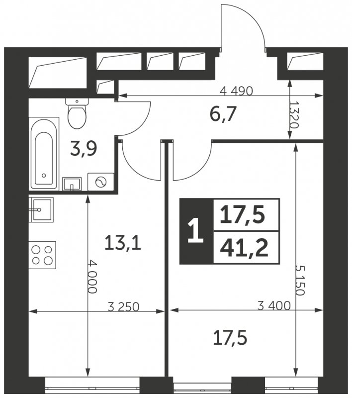 1-комнатная квартира без отделки, 41.2 м2, 37 этаж, сдача 4 квартал 2023 г., ЖК Архитектор, корпус 2 - объявление 1710125 - фото №1