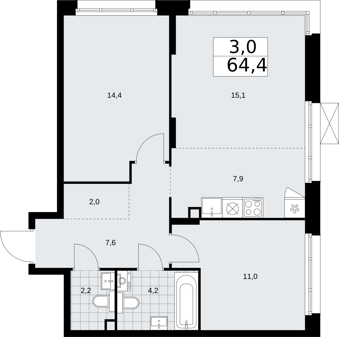 3-комнатная квартира (евро) с частичной отделкой, 64.4 м2, 2 этаж, сдача 2 квартал 2026 г., ЖК Прокшино, корпус 10.1.6 - объявление 2379173 - фото №1