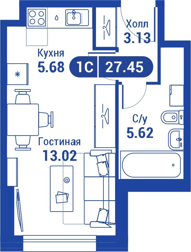 1-комнатная квартира без отделки, 26.9 м2, 7 этаж, сдача 4 квартал 2023 г., ЖК iLove, корпус 3 - объявление 2047273 - фото №1