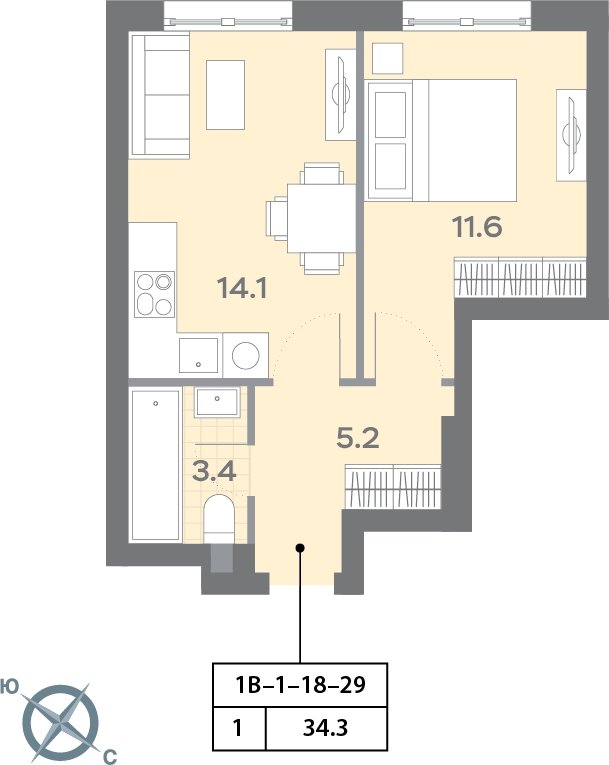 1-комнатная квартира с полной отделкой, 34.3 м2, 19 этаж, сдача 3 квартал 2025 г., ЖК Дмитровское небо, корпус 1 - объявление 2185370 - фото №1