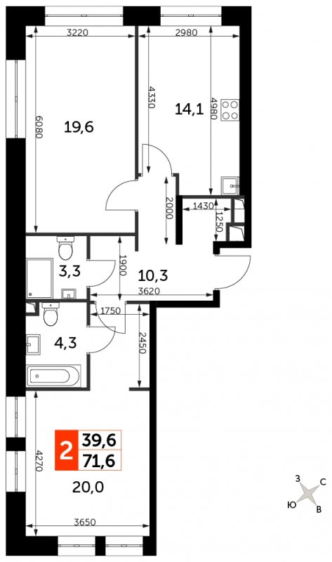 2-комнатная квартира с полной отделкой, 71.6 м2, 12 этаж, сдача 3 квартал 2024 г., ЖК Sydney City, корпус 2.1 - объявление 1762388 - фото №1