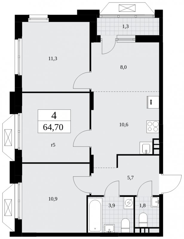 4-комнатная квартира (евро) без отделки, 64.7 м2, 6 этаж, сдача 1 квартал 2025 г., ЖК Бунинские кварталы, корпус 1.3 - объявление 1834763 - фото №1
