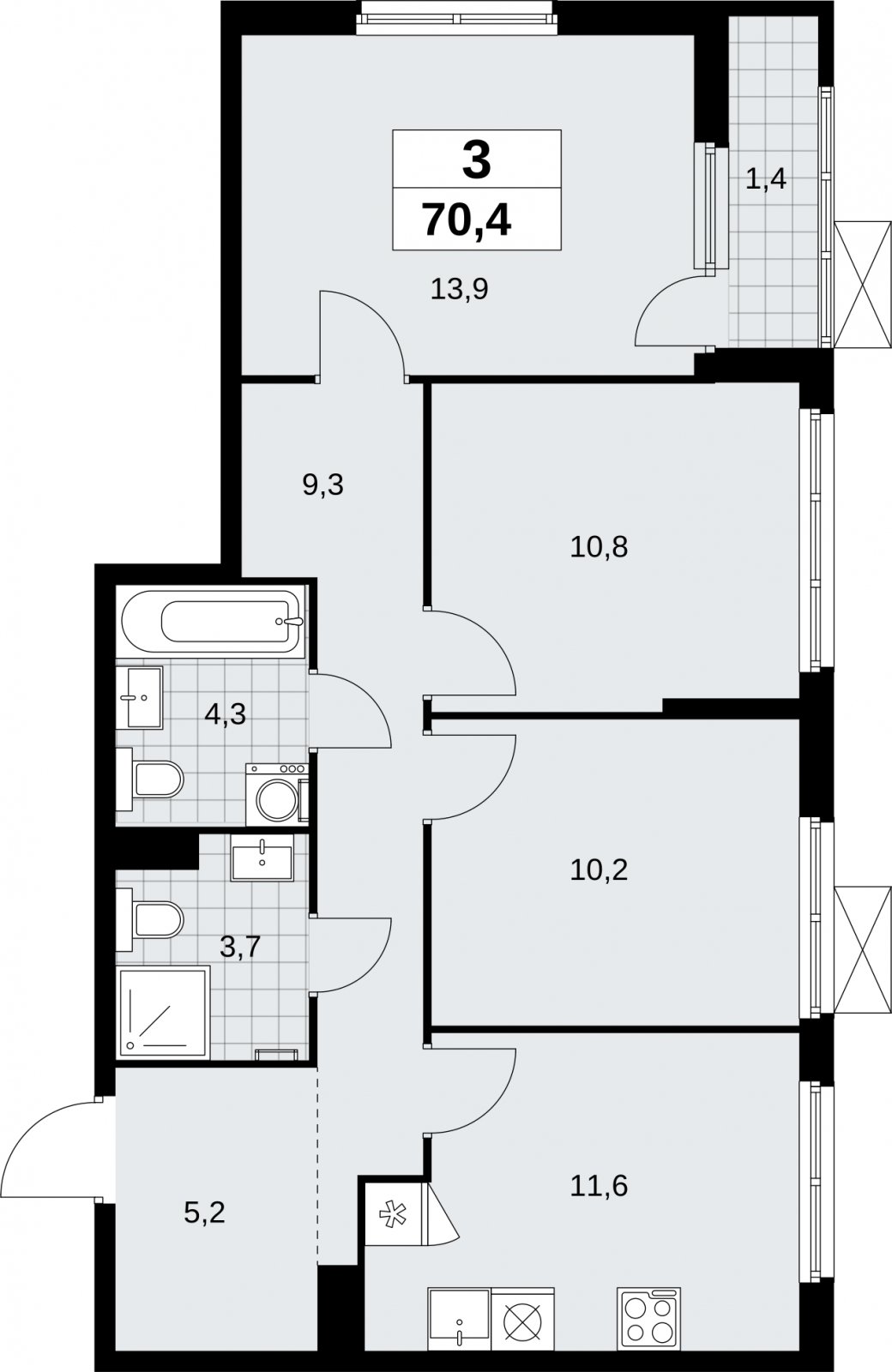 3-комнатная квартира без отделки, 70.4 м2, 4 этаж, сдача 1 квартал 2026 г., ЖК Дзен-кварталы, корпус 6.2.1 - объявление 2328361 - фото №1