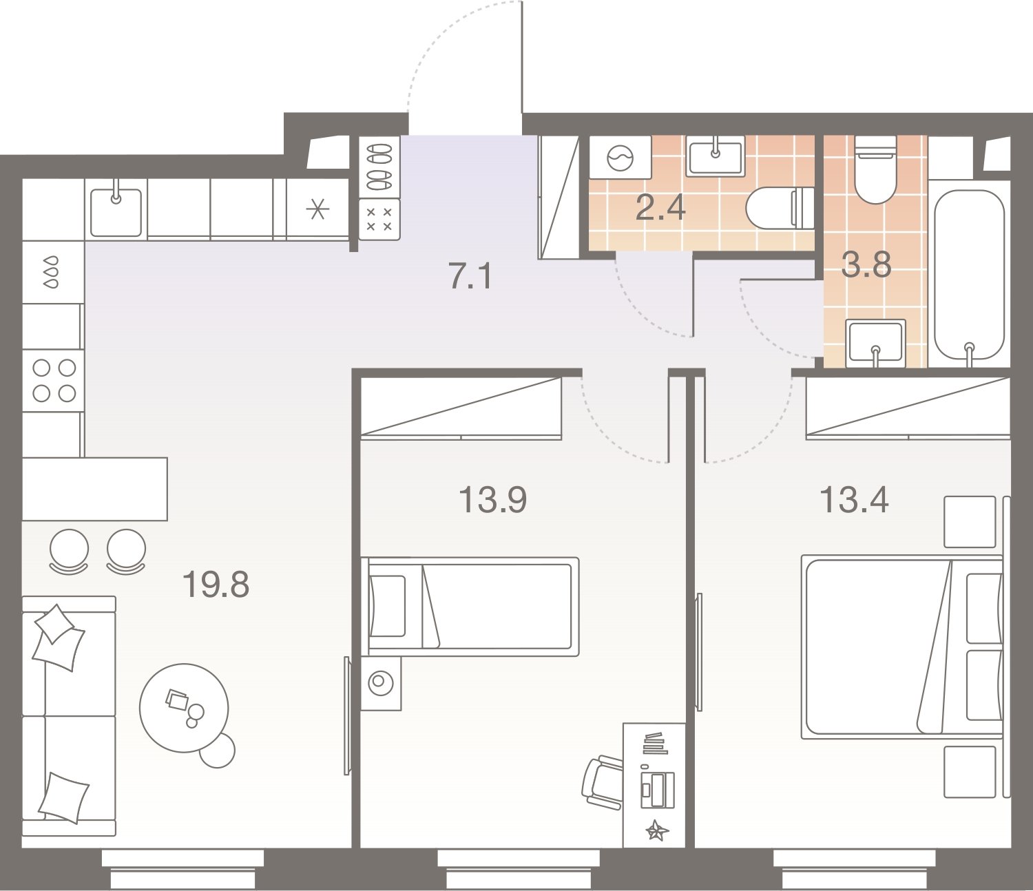 3-комнатная квартира без отделки, 60.4 м2, 22 этаж, сдача 1 квартал 2026 г., ЖК Twelve, корпус 2 - объявление 2400158 - фото №1