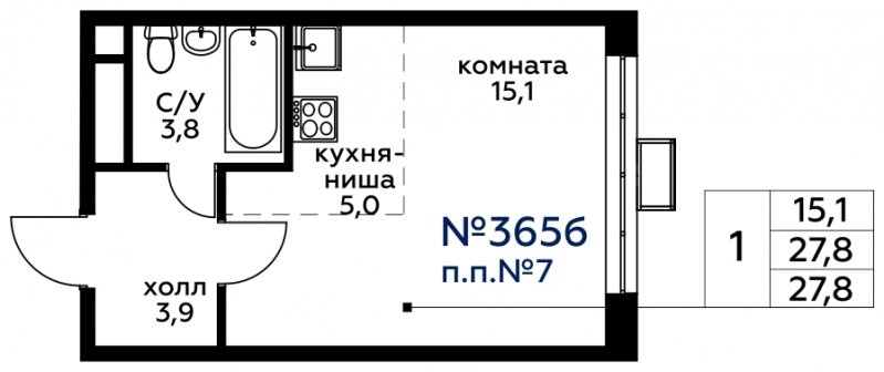 Студия без отделки, 27.8 м2, 8 этаж, дом сдан, ЖК Вереск, корпус 1 - объявление 1967201 - фото №1