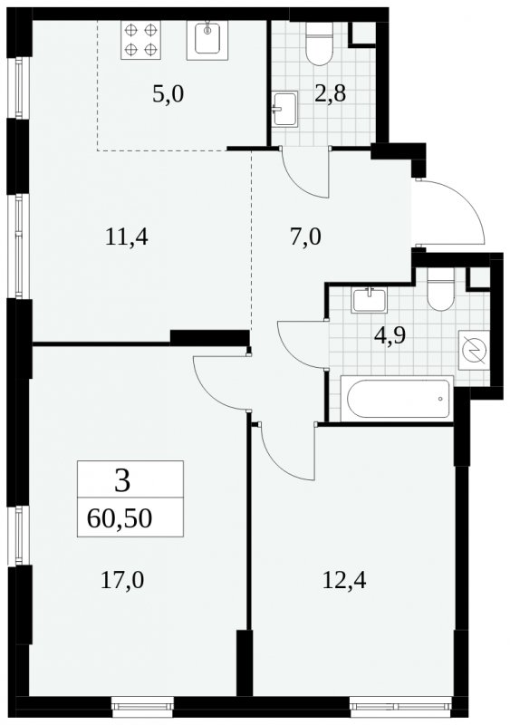 3-комнатная квартира (евро) без отделки, 60.5 м2, 2 этаж, сдача 2 квартал 2025 г., ЖК Южные сады, корпус 2.4 - объявление 1760426 - фото №1