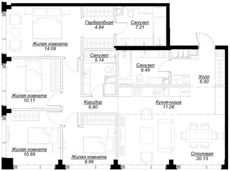 4-комнатная квартира с частичной отделкой, 111.77 м2, 46 этаж, сдача 4 квартал 2024 г., ЖК MOD, корпус Mod.M - объявление 1788571 - фото №1