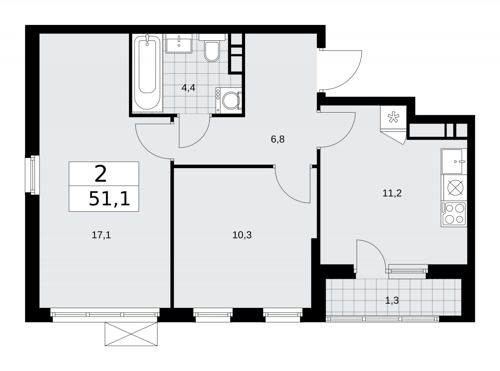 2-комнатная квартира с частичной отделкой, 51.1 м2, 9 этаж, сдача 1 квартал 2026 г., ЖК Прокшино, корпус 11.1.1 - объявление 2257093 - фото №1