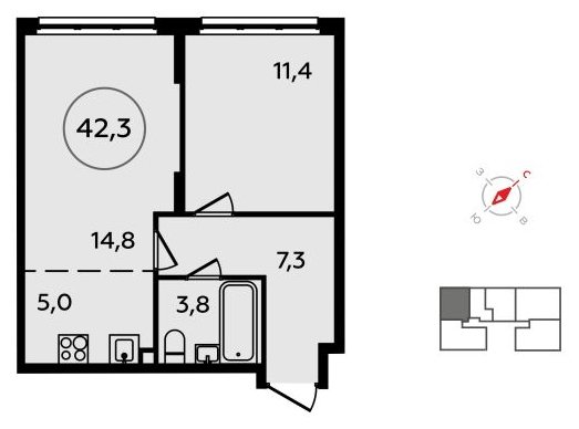 2-комнатная квартира (евро) без отделки, 42.3 м2, 2 этаж, сдача 4 квартал 2023 г., ЖК Скандинавия, корпус 2.15 - объявление 1517133 - фото №1