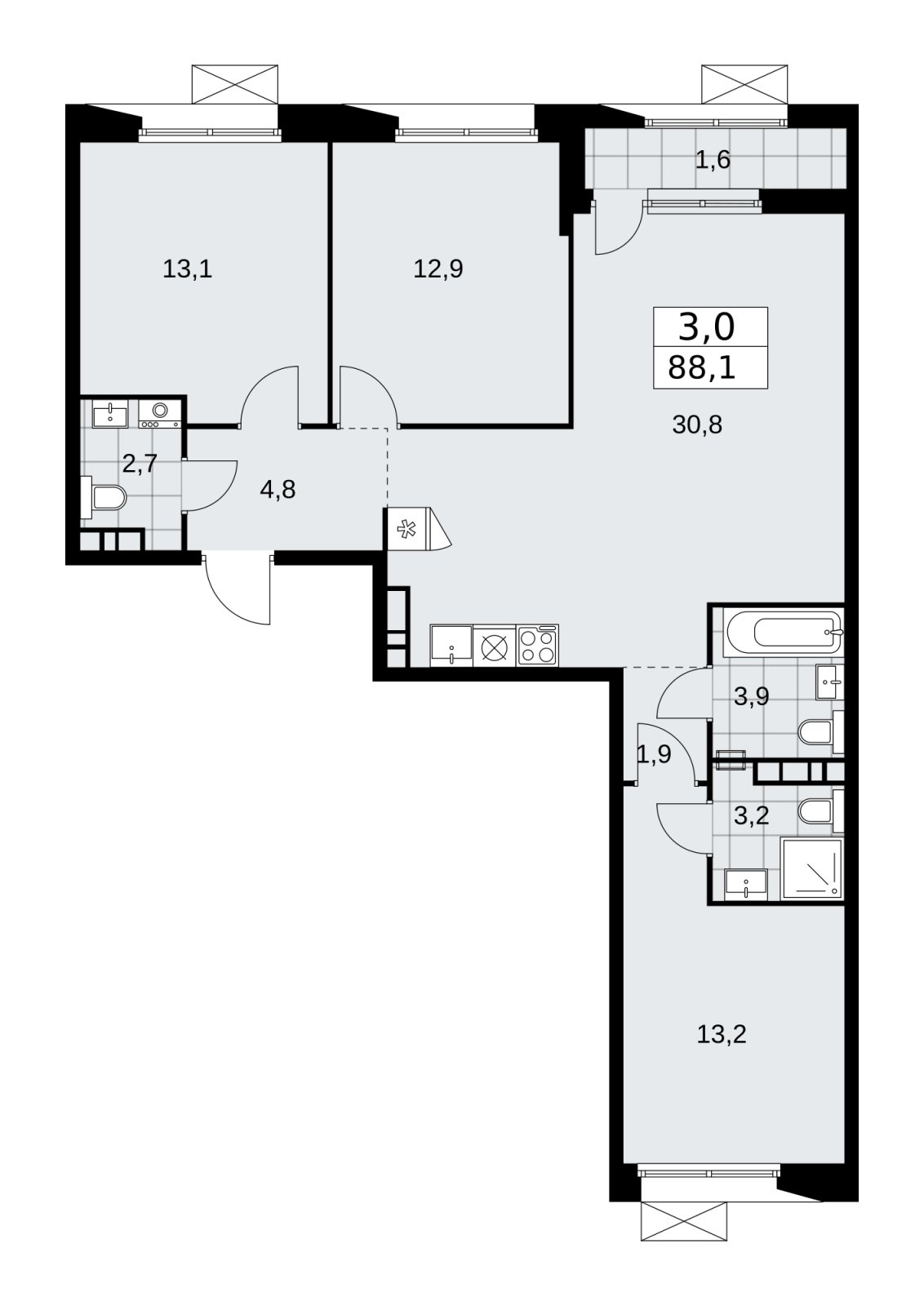 3-комнатная квартира с частичной отделкой, 88.1 м2, 6 этаж, сдача 1 квартал 2026 г., ЖК Бунинские кварталы, корпус 6.2 - объявление 2252544 - фото №1