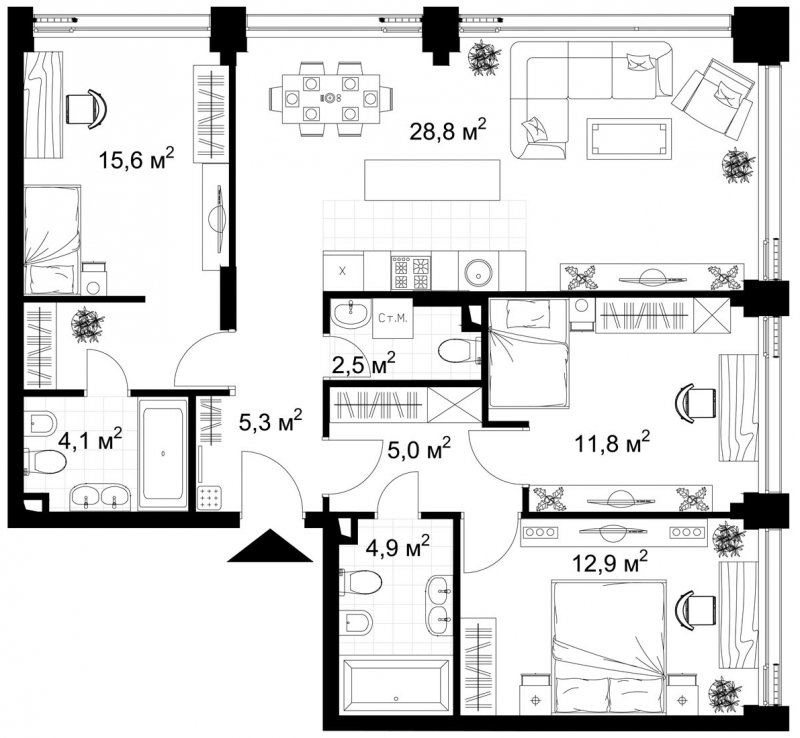 3-комнатная квартира с частичной отделкой, 90.9 м2, 8 этаж, сдача 4 квартал 2022 г., ЖК Kazakov Grand Loft, корпус 1 - объявление 1757913 - фото №1