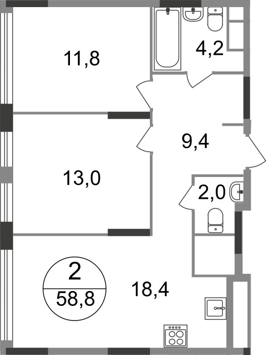 2-комнатная квартира без отделки, 58.8 м2, 16 этаж, сдача 1 квартал 2025 г., ЖК город-парк Переделкино Ближнее, корпус 17-1 - объявление 2275640 - фото №1