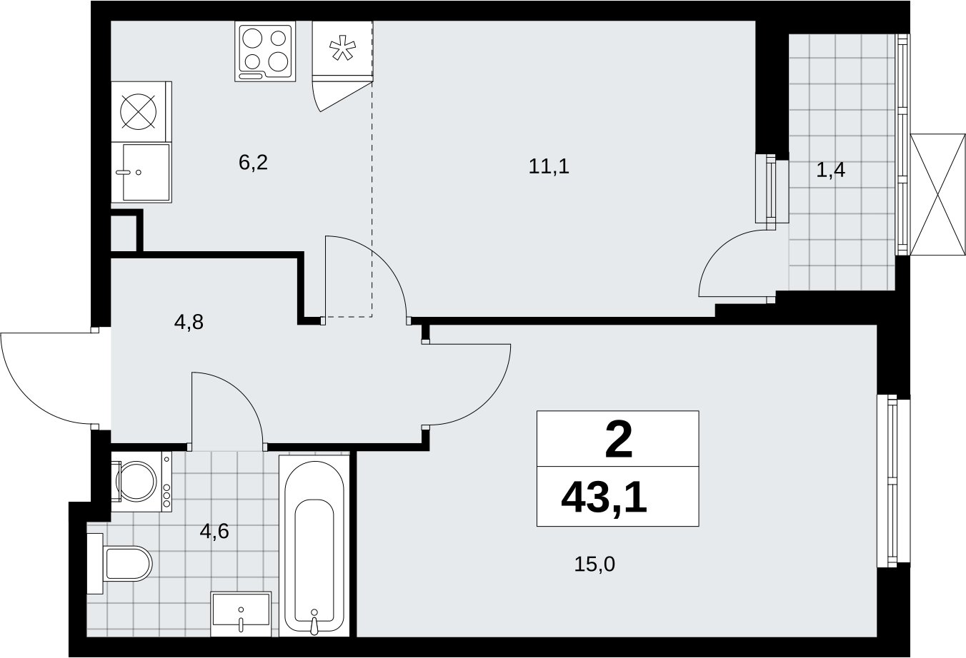 2-комнатная квартира (евро) без отделки, 43.1 м2, 2 этаж, сдача 2 квартал 2026 г., ЖК Дзен-кварталы, корпус 6.1.2 - объявление 2327215 - фото №1