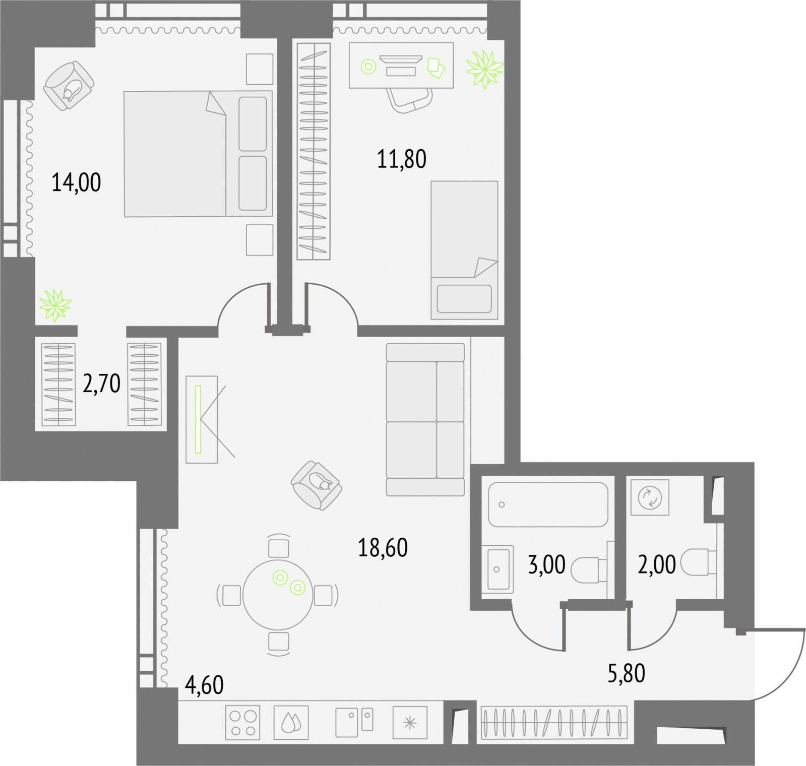 2-комнатная квартира без отделки, 62.5 м2, 29 этаж, сдача 2 квартал 2026 г., ЖК Upside Towers, корпус 1 - объявление 2299262 - фото №1