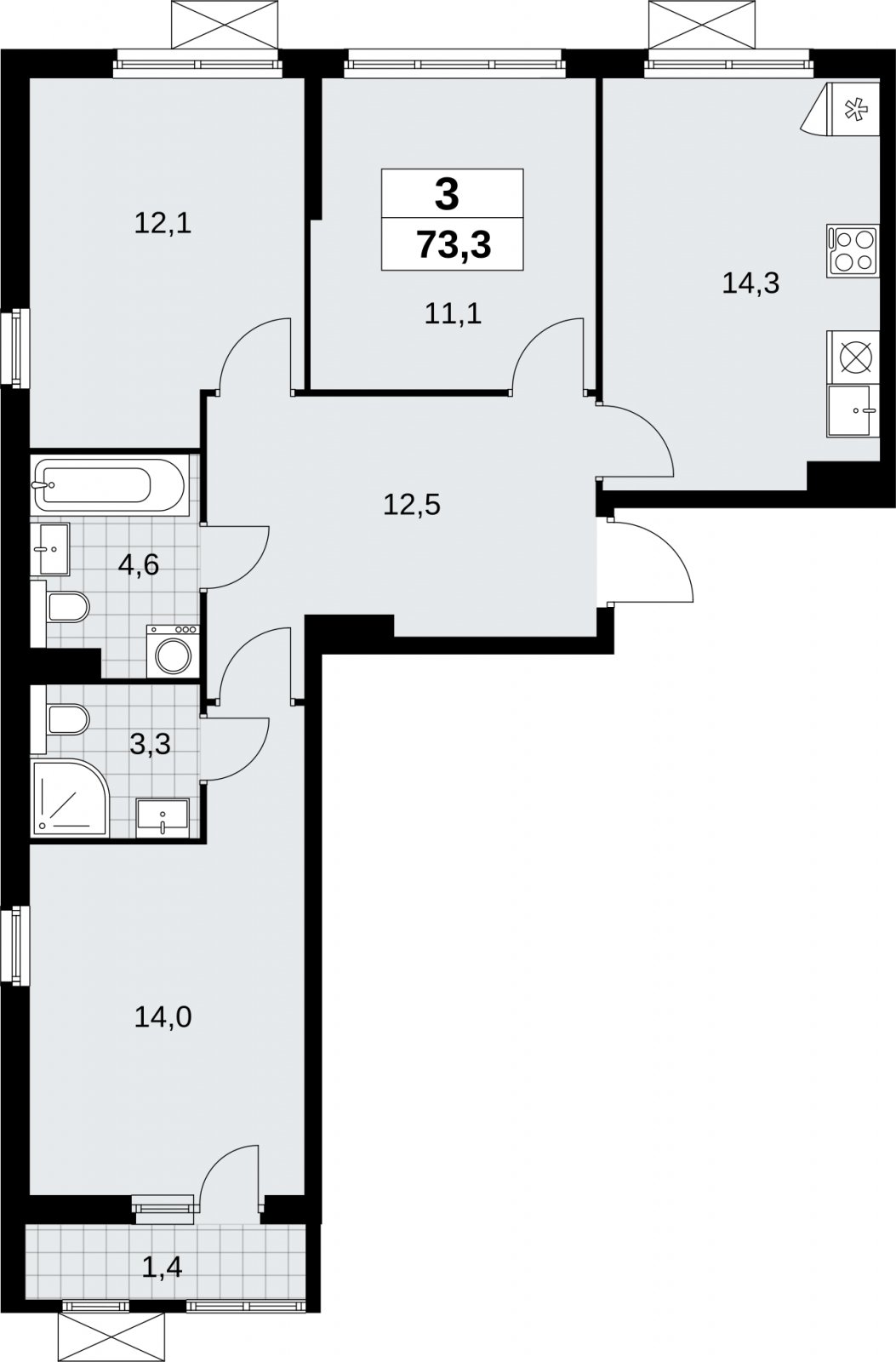 3-комнатная квартира без отделки, 73.3 м2, 13 этаж, сдача 2 квартал 2026 г., ЖК Бунинские кварталы, корпус 9.1 - объявление 2324049 - фото №1
