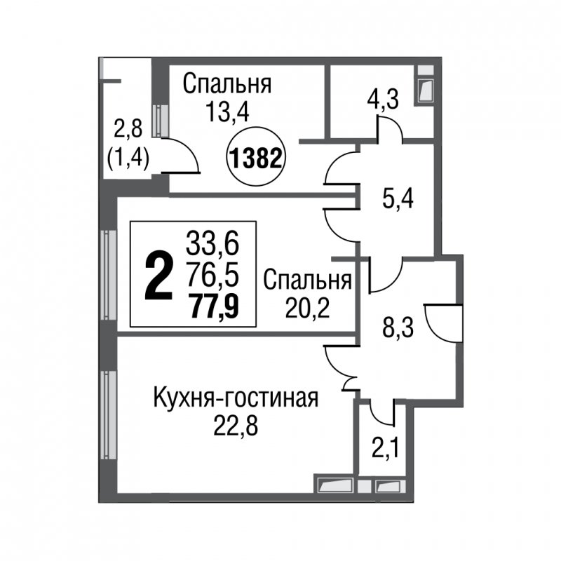 2-комнатная квартира без отделки, 77.8 м2, 16 этаж, дом сдан, ЖК Silver, корпус 2 - объявление 1135886 - фото №1