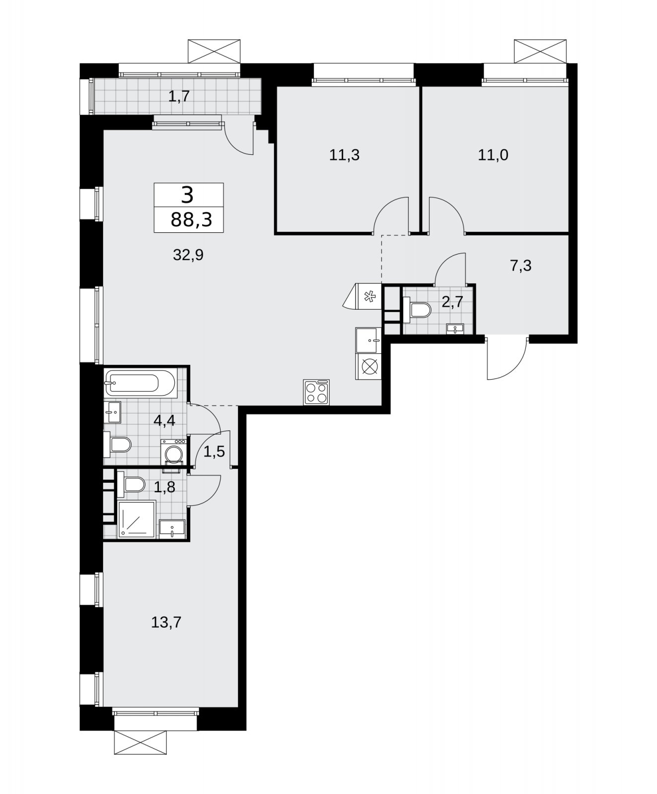 3-комнатная квартира без отделки, 88.3 м2, 8 этаж, сдача 4 квартал 2025 г., ЖК Бунинские кварталы, корпус 6.4 - объявление 2252703 - фото №1