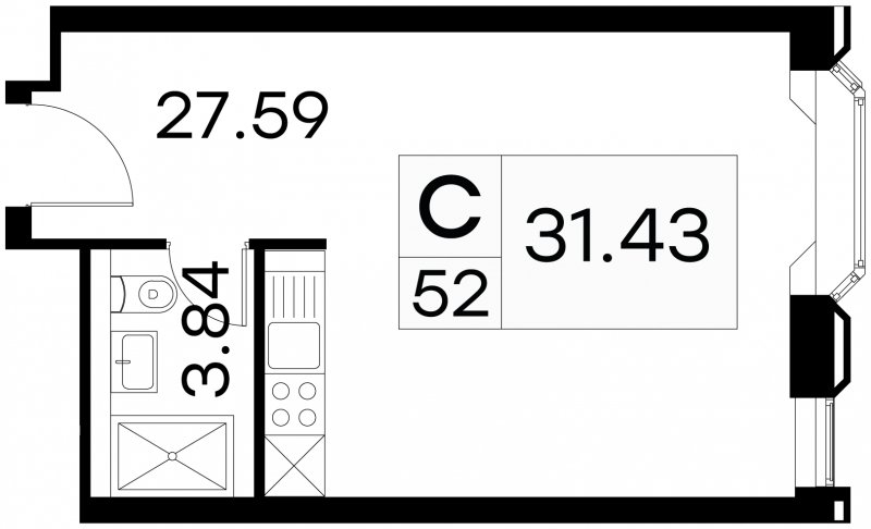Студия с частичной отделкой, 31.43 м2, 6 этаж, сдача 3 квартал 2024 г., ЖК GloraX Aura Белорусская, корпус 1 - объявление 1708661 - фото №1