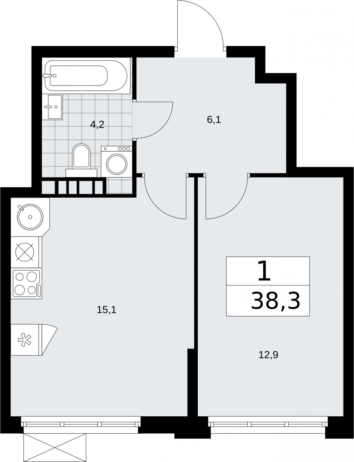 1-комнатная квартира без отделки, 38.3 м2, 4 этаж, сдача 2 квартал 2026 г., ЖК Бунинские кварталы, корпус 5.4 - объявление 2297831 - фото №1