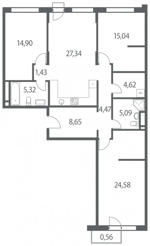 3-комнатная квартира без отделки, 111.44 м2, 4 этаж, сдача 4 квартал 2022 г., ЖК Headliner, корпус 10 - объявление 1299503 - фото №1