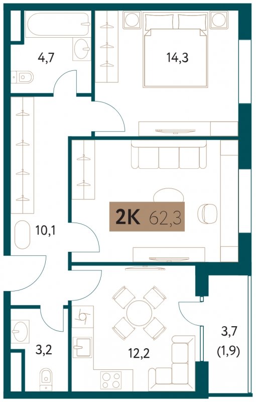 2-комнатная квартира без отделки, 62.3 м2, 5 этаж, сдача 4 квартал 2022 г., ЖК Настоящее, корпус 1 - объявление 1657131 - фото №1
