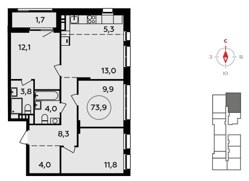 4-комнатная квартира (евро) с полной отделкой, 73.9 м2, 5 этаж, сдача 4 квартал 2023 г., ЖК Прокшино, корпус 4.1 - объявление 1772482 - фото №1