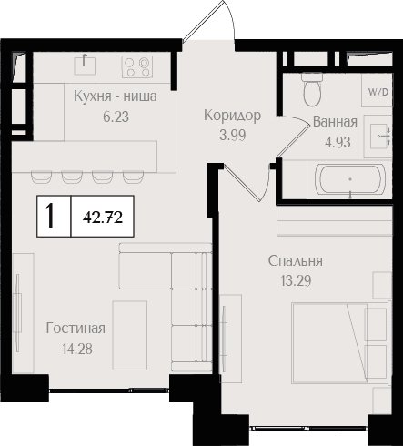 1-комнатная квартира без отделки, 42.7 м2, 17 этаж, дом сдан, ЖК Преображенская площадь, корпус 2 - объявление 2458343 - фото №1