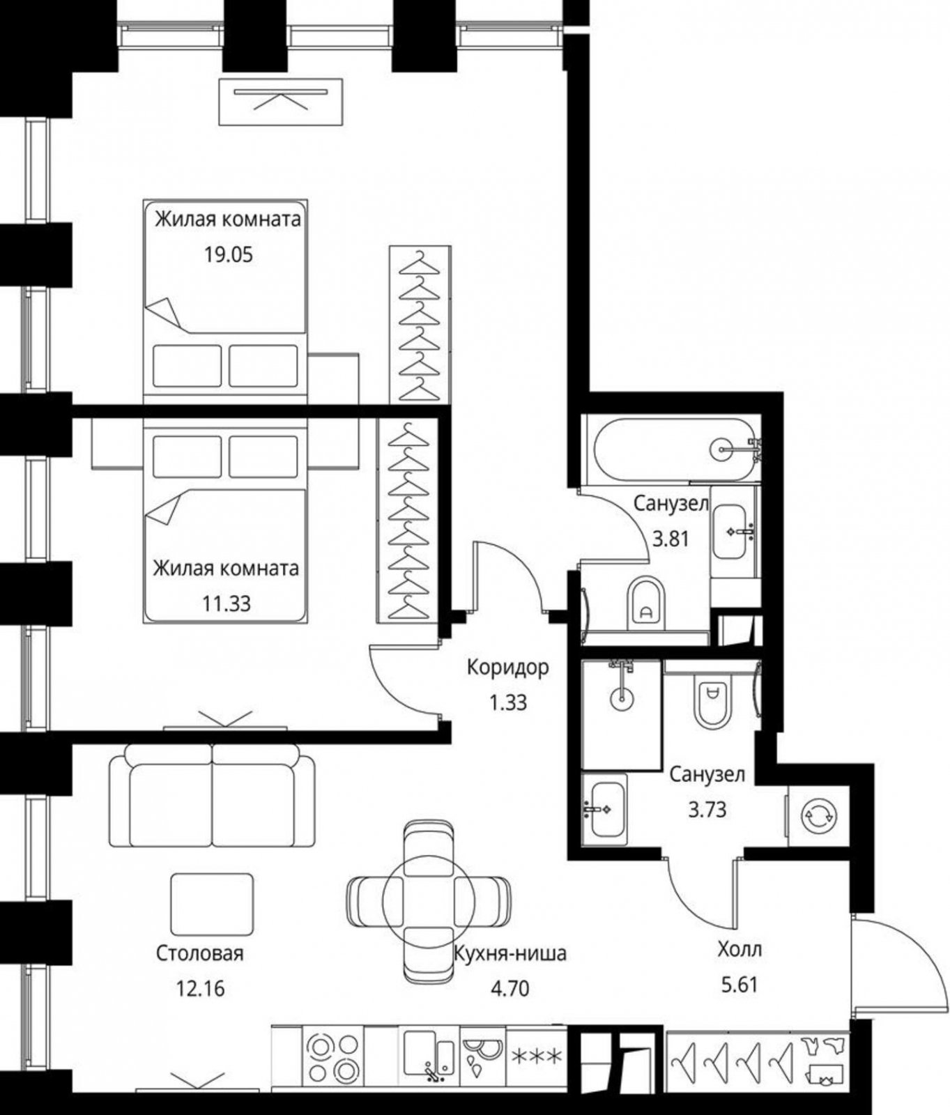 2-комнатная квартира с частичной отделкой, 61.72 м2, 13 этаж, сдача 3 квартал 2026 г., ЖК City Bay, корпус North Ocean 2 - объявление 2240541 - фото №1