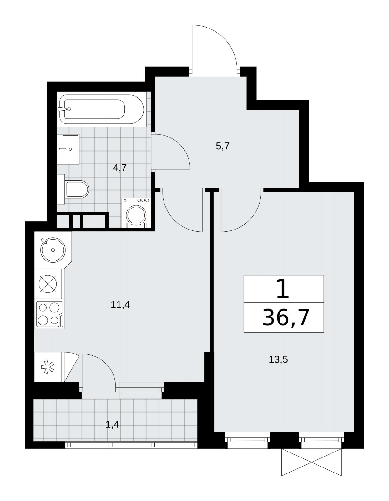 1-комнатная квартира без отделки, 36.7 м2, 3 этаж, сдача 4 квартал 2025 г., ЖК Прокшино, корпус 11.1.4 - объявление 2257514 - фото №1