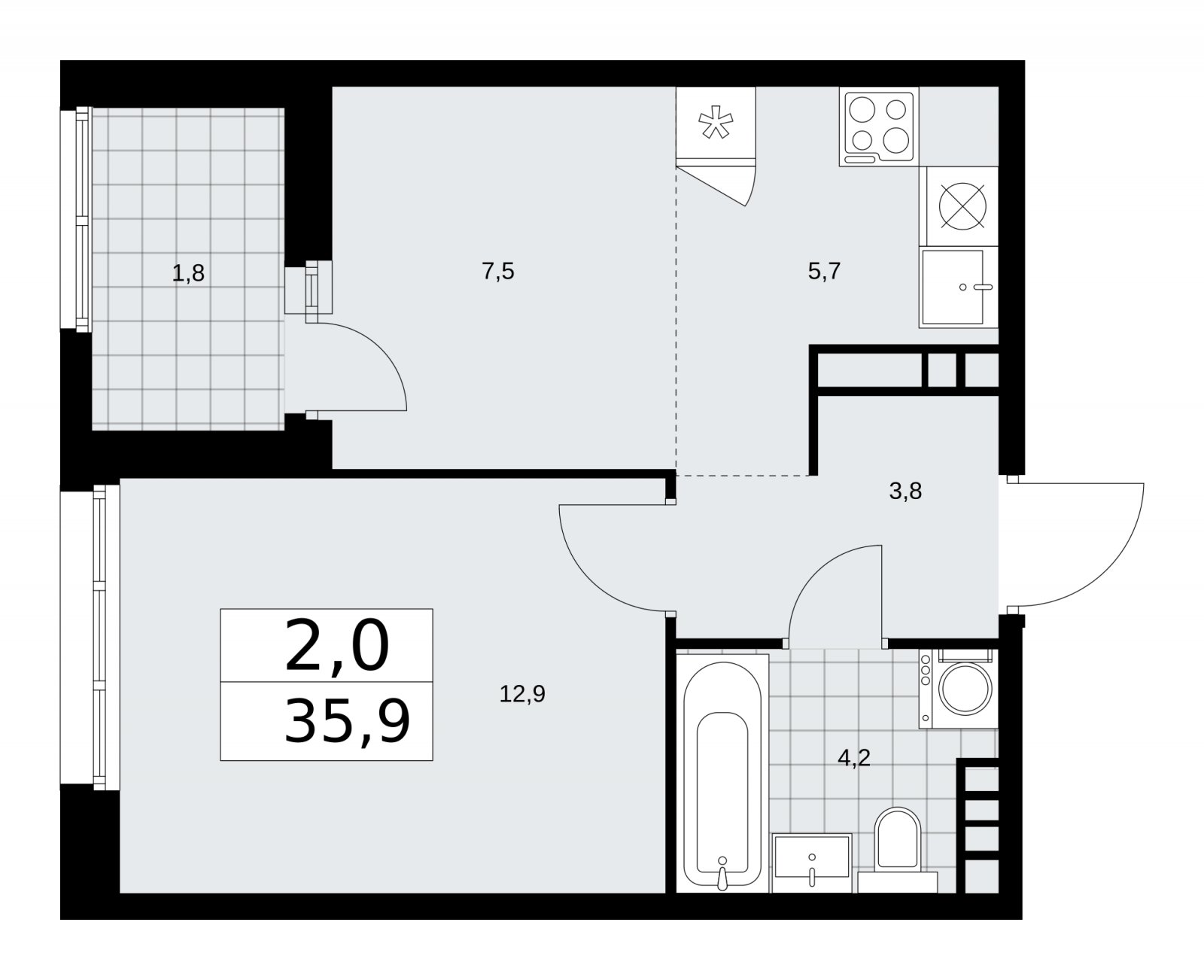 2-комнатная квартира (евро) без отделки, 35.9 м2, 20 этаж, сдача 1 квартал 2026 г., ЖК Дзен-кварталы, корпус 3.1 - объявление 2241037 - фото №1
