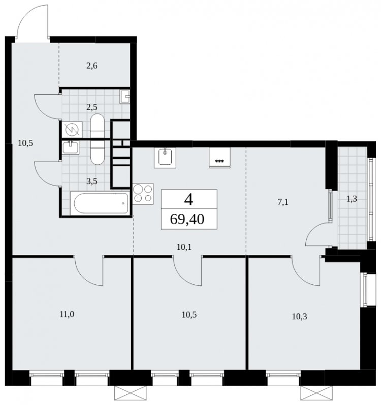 4-комнатная квартира (евро) с частичной отделкой, 69.4 м2, 15 этаж, сдача 3 квартал 2025 г., ЖК Дзен-кварталы, корпус 2.1 - объявление 1932281 - фото №1