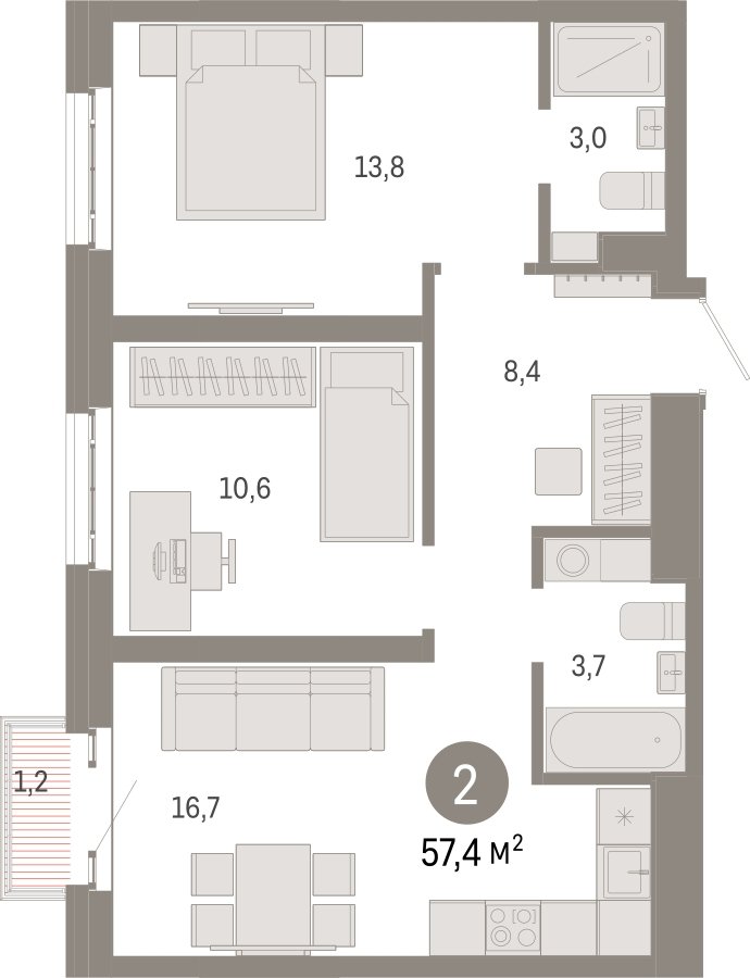 2-комнатная квартира с частичной отделкой, 57.4 м2, 15 этаж, сдача 3 квартал 2026 г., ЖК Квартал Метроном, корпус 1 - объявление 2346671 - фото №1