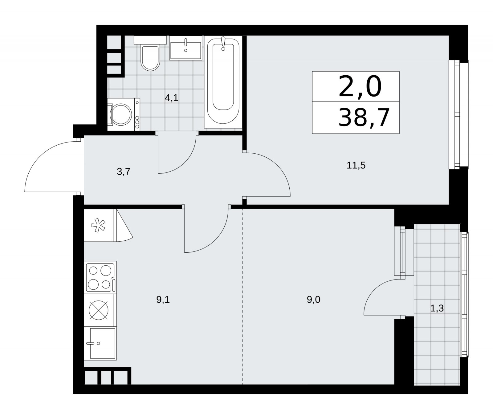 2-комнатная квартира (евро) без отделки, 38.7 м2, 9 этаж, сдача 1 квартал 2026 г., ЖК Дзен-кварталы, корпус 3.2 - объявление 2241446 - фото №1