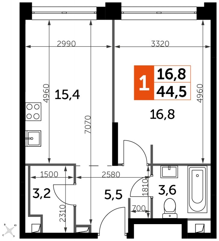 1-комнатная квартира с частичной отделкой, 44.5 м2, 34 этаж, сдача 1 квартал 2023 г., ЖК Sydney City, корпус 3 - объявление 1659682 - фото №1