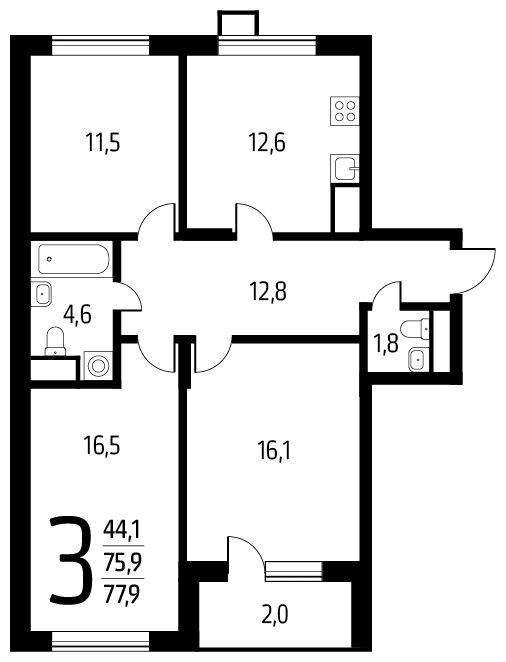 3-комнатная квартира с полной отделкой, 77.9 м2, 9 этаж, дом сдан, ЖК Новые Ватутинки. Центральный, корпус 9/2/2.1 - объявление 1674786 - фото №1