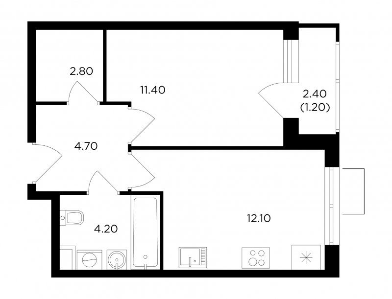 1-комнатная квартира без отделки, 36.4 м2, 10 этаж, сдача 1 квартал 2024 г., ЖК Миловидное, корпус 2 - объявление 1746689 - фото №1