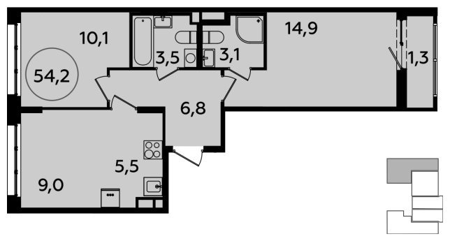 3-комнатная квартира (евро) с полной отделкой, 54.2 м2, 7 этаж, сдача 2 квартал 2024 г., ЖК Испанские кварталы, корпус 8.1 - объявление 1633466 - фото №1