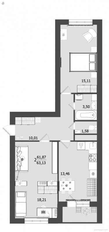 2-комнатная квартира без отделки, 63.13 м2, 2 этаж, дом сдан, ЖК Олимп, корпус 22 - объявление 1303517 - фото №1