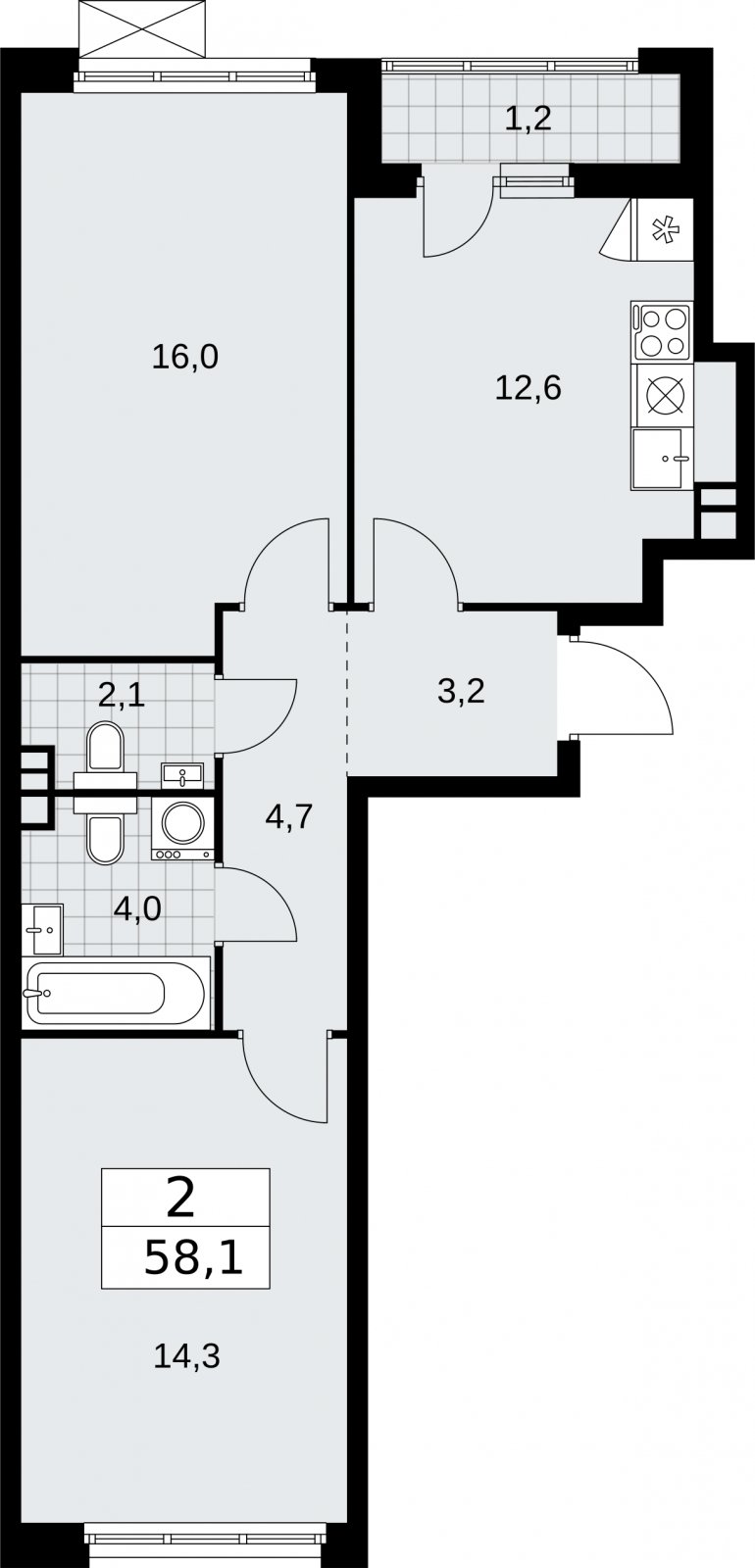 2-комнатная квартира без отделки, 58.1 м2, 3 этаж, сдача 2 квартал 2026 г., ЖК Бунинские кварталы, корпус 5.4 - объявление 2297829 - фото №1
