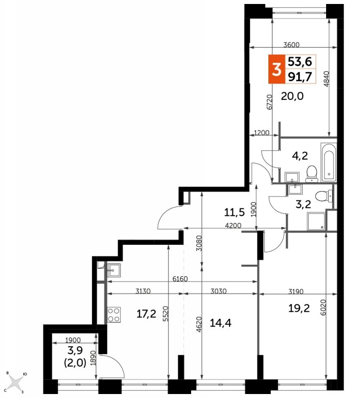 3-комнатная квартира без отделки, 91.7 м2, 14 этаж, сдача 1 квартал 2023 г., ЖК Sydney City, корпус 2 - объявление 1694279 - фото №1