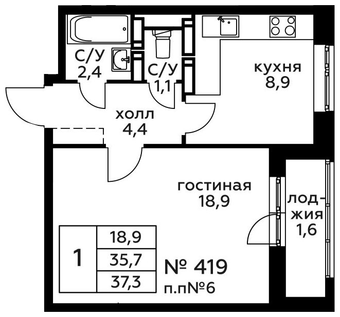1-комнатная квартира без отделки, 37.3 м2, 21 этаж, сдача 2 квартал 2022 г., ЖК Новоград Павлино, корпус 18 - объявление 1249970 - фото №1