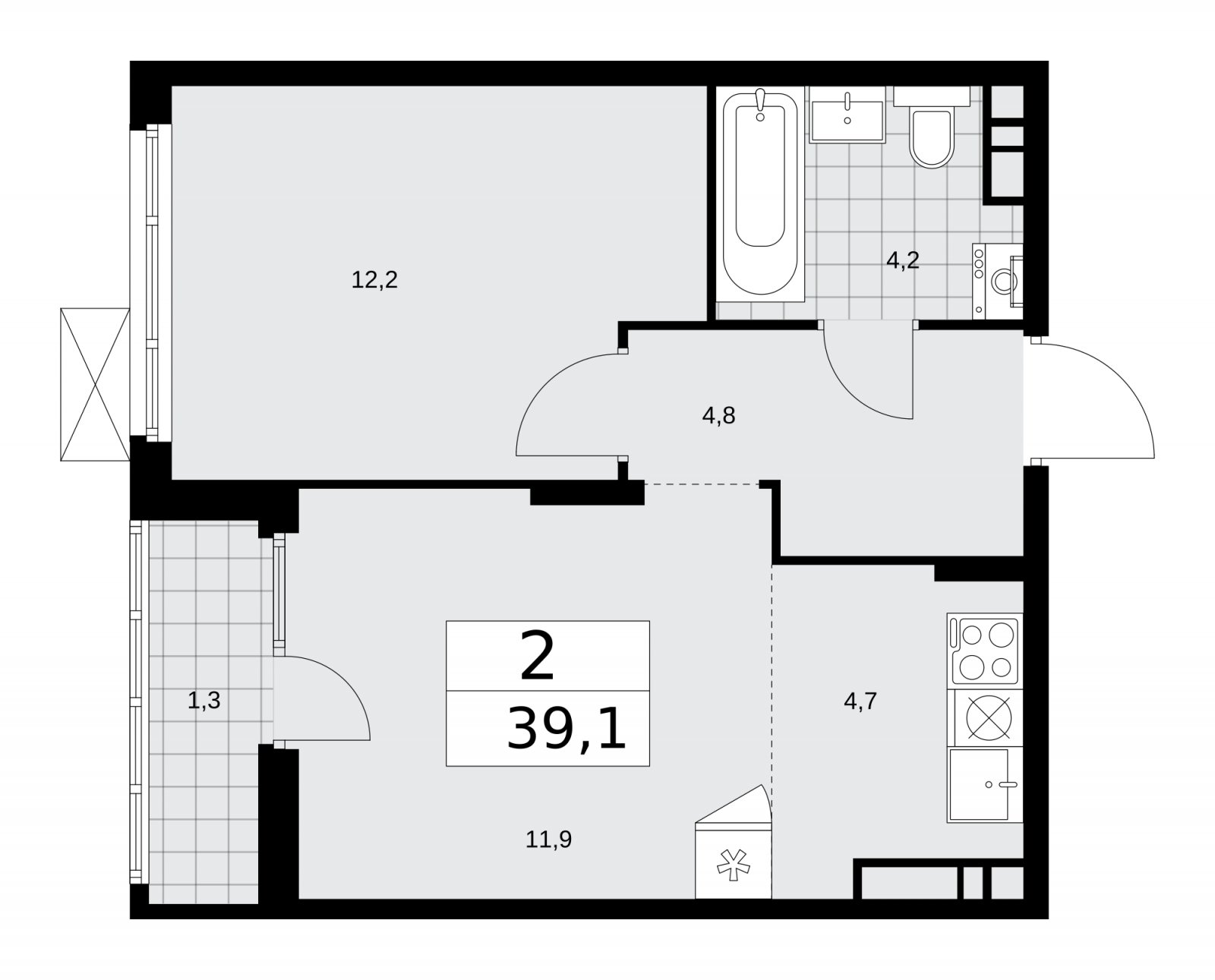 2-комнатная квартира (евро) без отделки, 39.1 м2, 8 этаж, сдача 1 квартал 2026 г., ЖК Деснаречье, корпус 4.2 - объявление 2263750 - фото №1