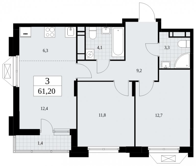 3-комнатная квартира (евро) с частичной отделкой, 61.2 м2, 15 этаж, сдача 4 квартал 2024 г., ЖК Бунинские кварталы, корпус 1.2 - объявление 1834547 - фото №1