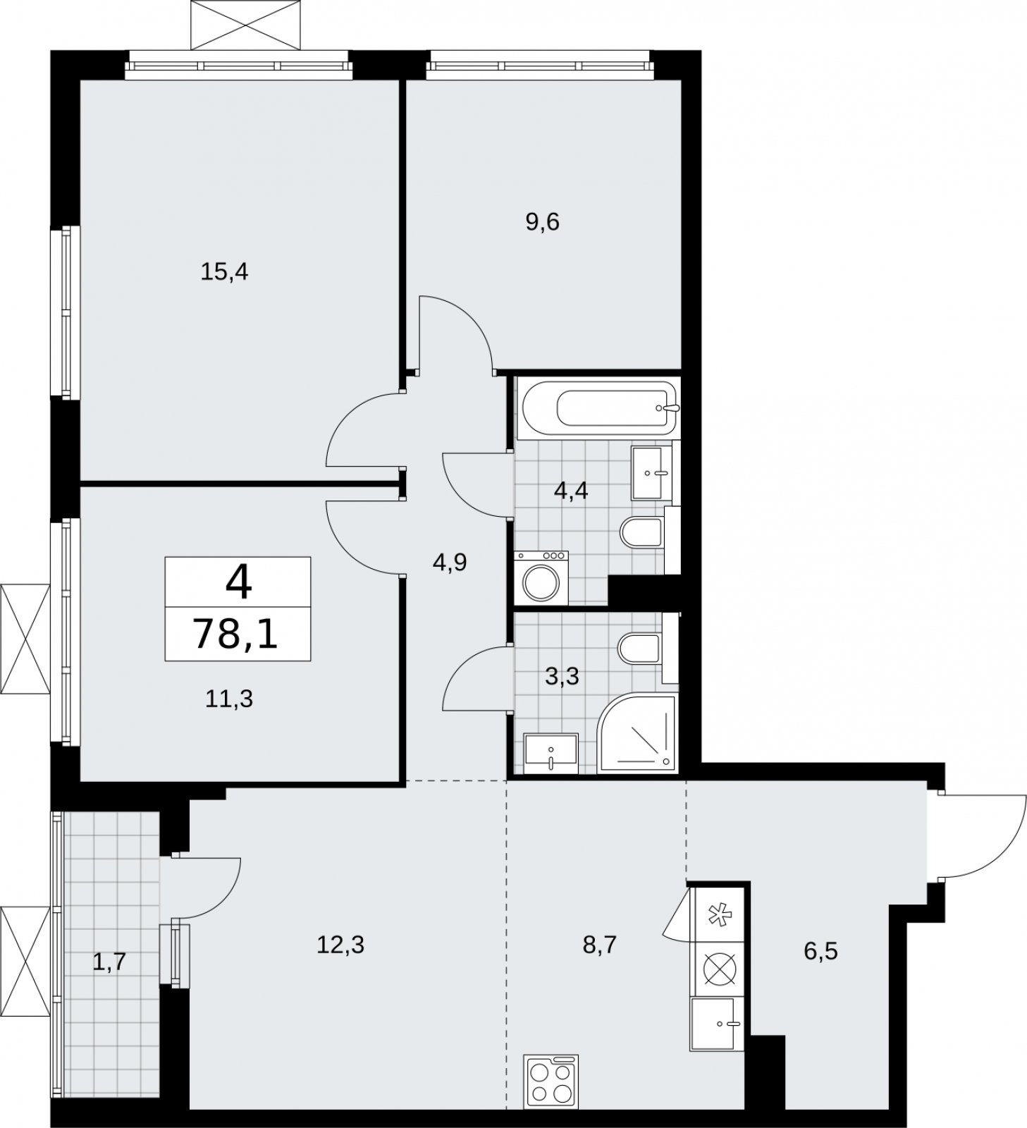4-комнатная квартира (евро) без отделки, 78.1 м2, 14 этаж, сдача 2 квартал 2026 г., ЖК Бунинские кварталы, корпус 7.4 - объявление 2314150 - фото №1