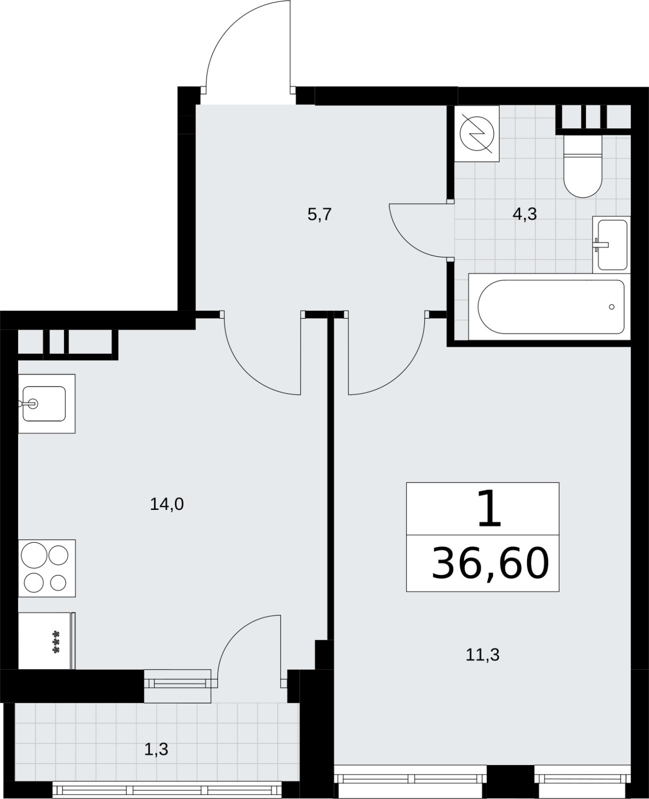 1-комнатная квартира без отделки, 36.6 м2, 6 этаж, сдача 3 квартал 2026 г., ЖК Родные кварталы, корпус 3.1 - объявление 2378285 - фото №1