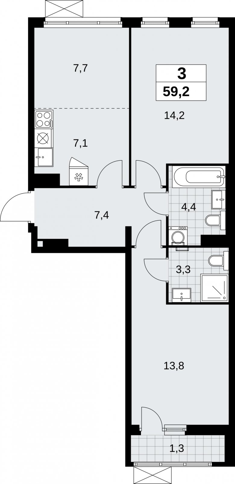 3-комнатная квартира (евро) с полной отделкой, 59.2 м2, 6 этаж, сдача 3 квартал 2026 г., ЖК Дзен-кварталы, корпус 6.1.3 - объявление 2327396 - фото №1