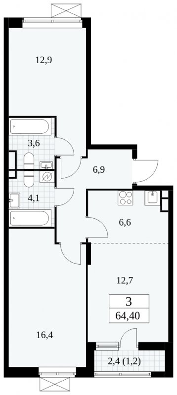 3-комнатная квартира (евро) без отделки, 64.4 м2, 3 этаж, сдача 1 квартал 2025 г., ЖК Прокшино, корпус 5.1.3 - объявление 1810727 - фото №1