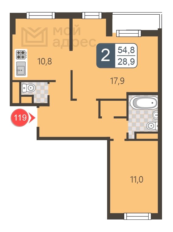 2-комнатная квартира с полной отделкой, 54.8 м2, 9 этаж, дом сдан, ЖК мой адрес В Зеленограде, корпус 2044 - объявление 1745280 - фото №1