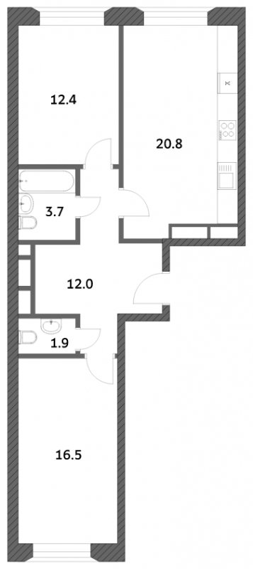 2-комнатная квартира с частичной отделкой, 67.2 м2, 24 этаж, сдача 4 квартал 2023 г., ЖК Городские истории, корпус 3 - объявление 1525704 - фото №1