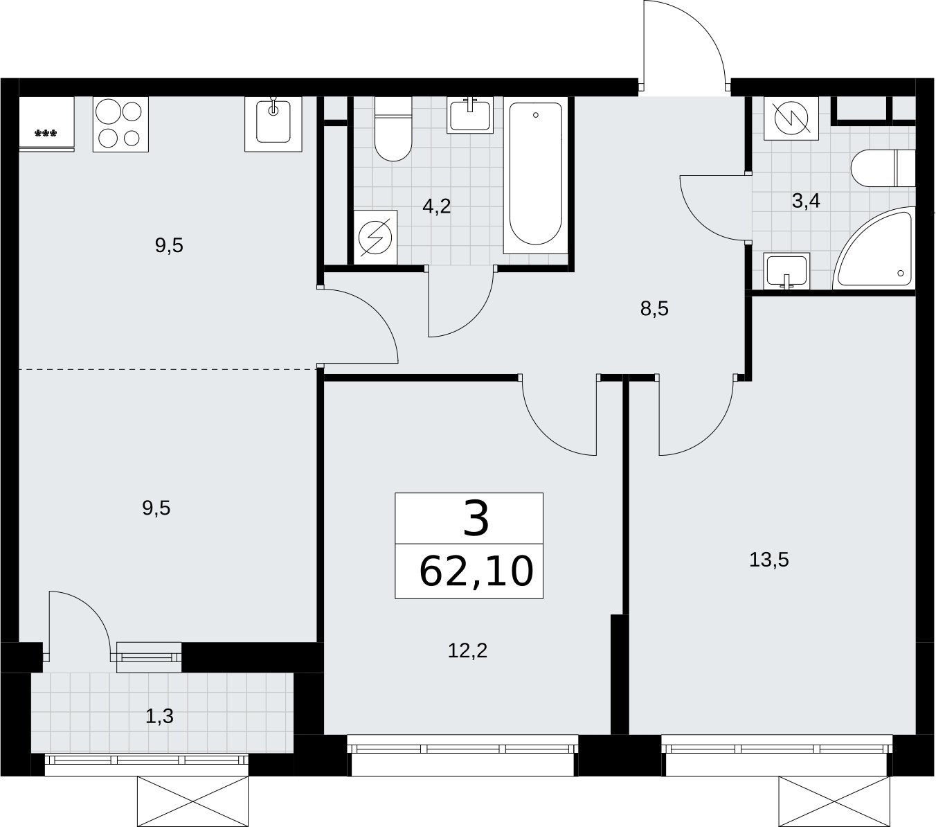 3-комнатная квартира (евро) без отделки, 62.1 м2, 3 этаж, сдача 3 квартал 2026 г., ЖК Родные кварталы, корпус 2 - объявление 2295663 - фото №1